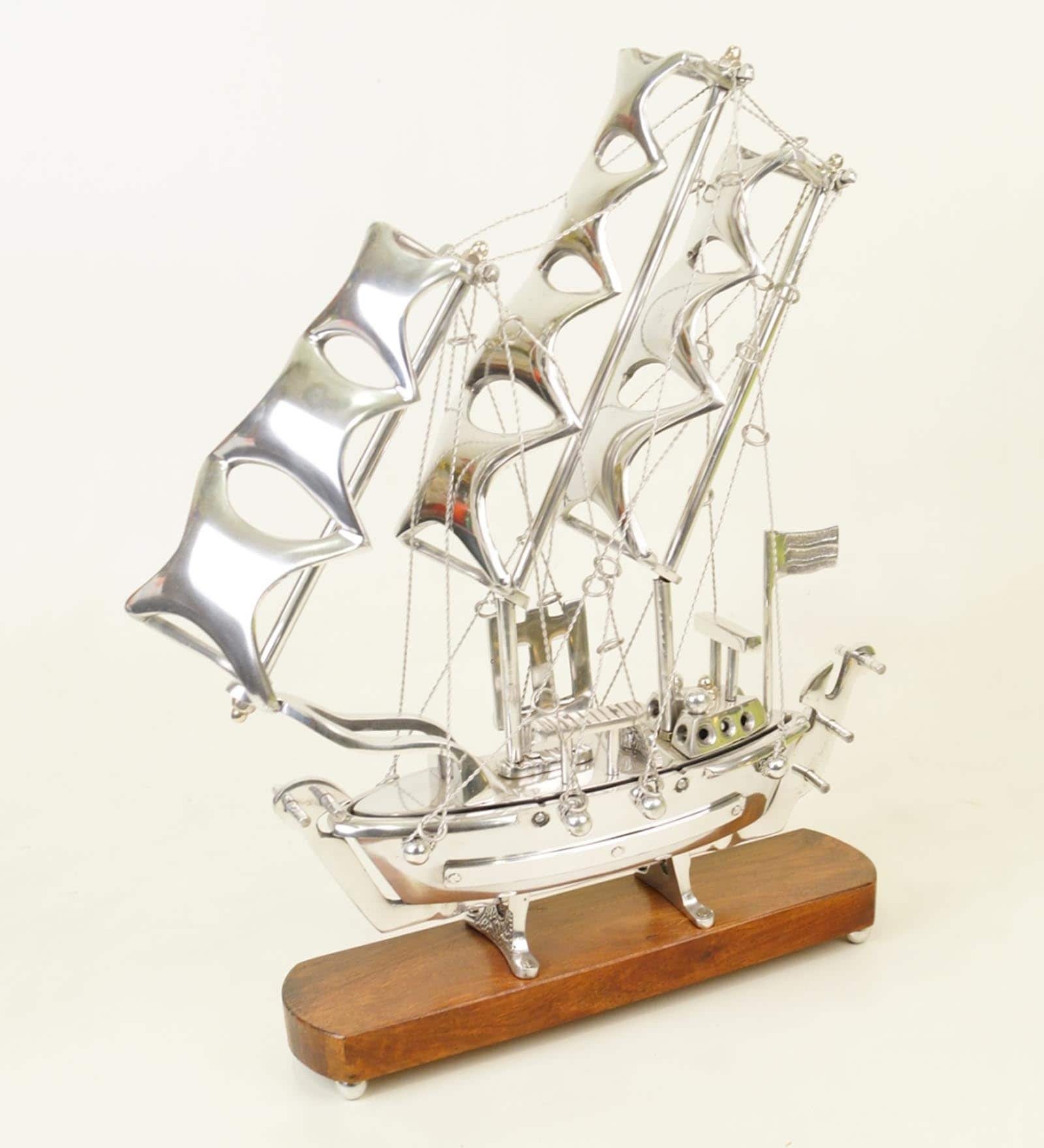 Chrome & Brown Wood & Metal Ship